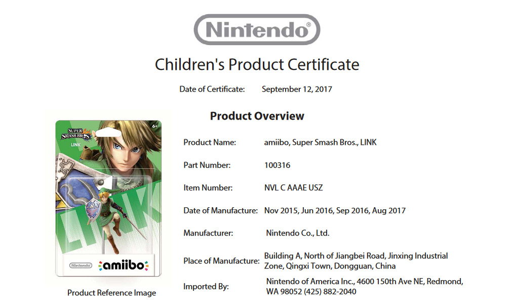 Fiche de production de l'amiibo Link